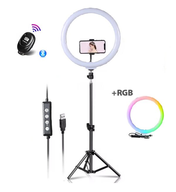 RGB LED žiedinė selfie lempa su stovu ir pulteliu – MAXI RGB - Image 1