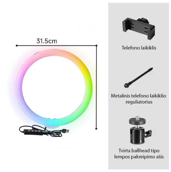RGB LED žiedinė selfie lempa su stovu ir pulteliu – MAXI RGB - Image 3