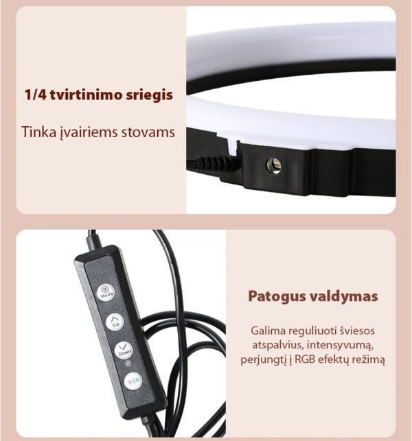 RGB LED žiedinė selfie lempa su stovu ir pulteliu – MAXI RGB - Image 7