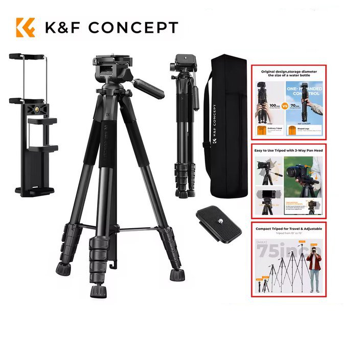 190-stovas Profesionalus „K&F Concept“ trikojis stovas 190 cm + laikiklis telefonui, planšetei - Image 1