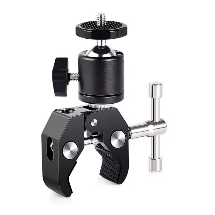 tvirtinimas-su-ballhead Super Clamp laikiklis su 360° rutuline galvute ir 1/4" varžtu, DSLR, GoPro, DJI ir kitoms kameroms - Image 1