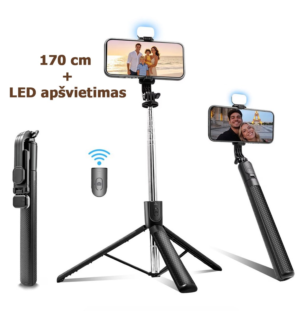 selfie-laazda-stovas-led Asmenukių selfie lazda su stovu, LED apšvietimu ir Bluetooth pulteliu Z6 – 170 cm - Image 1
